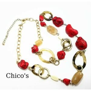 Chico's Red Gemstone Gold Tone Metal Chain Lucite Rings Necklace or Belt, 43 In